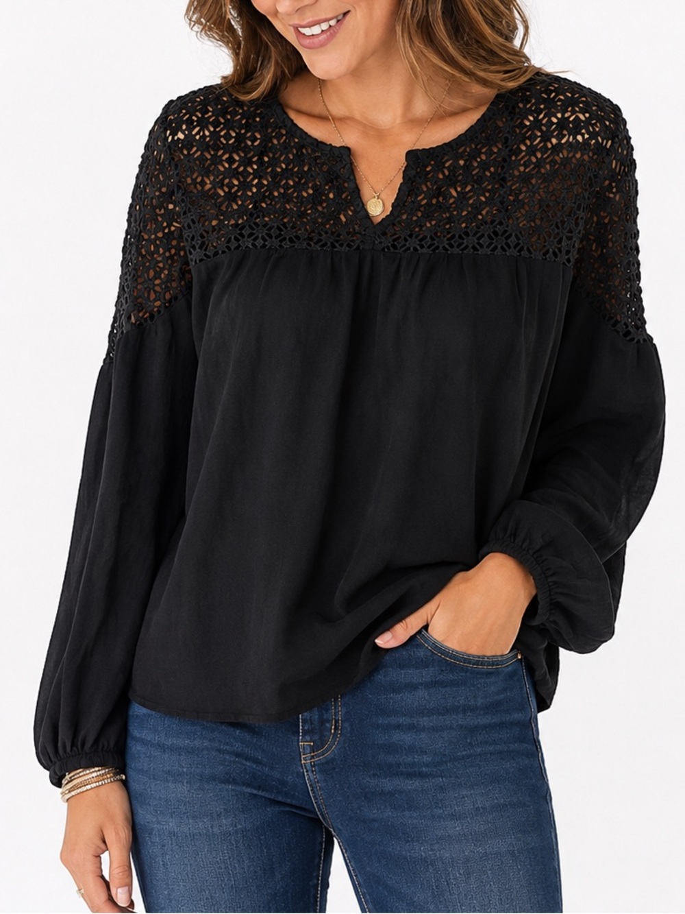 Umgee Linen Blend Black Crochet Lace Yoke Blouse Large NWT